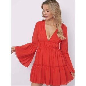 MISS Ruffle Sleeve Deep V-neck Dresses